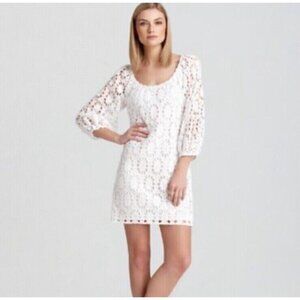 Trina Turk White Wakeboard Crochet Lace Shift Dress Size 8 Long Sleeves Cotton L